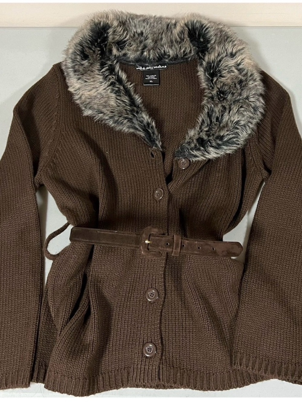 Brown Knit Fur Button-Up Belted Sweater Cardigan Top Blouse Outerwear Size XL 🤎✨